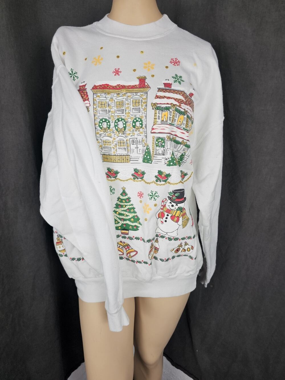 Vintage Hanes Christmas Sweatshirt Adult L White Snowman Holiday Village 90s Fit